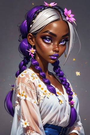 1girl, solo, long hair, looking at viewer, simple background, hair ornament, upper body, braid, flower, white hair, artist name, hair flower, dark skin, grey background, twin braids, dark-skinned female, makeup, lipstick, freckles, purple lips, blue lips