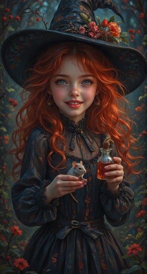 digital illustration of a pretty smiling witch, red tousled long hair, expressive eyes, wearing a wide brimmed witch hat, filigree decorated with withered twigs and flowers and berries and a cute mouse, she holds a small poison bottle and shows it to the viewer, dark night scene in an old witch cottage, vibrant colors, artwork fusion of Jasmine Beckett Griffith, Josephine Wall, Jean Baptiste Monge, composition featuring magical ambience, perspective, palette of brilliant colors