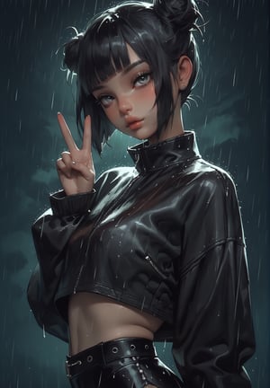  score_9, score_8_up, score_7_up, mgxt,  1girl, solo, small tits,  short hair, black hair, hair buns, blunt bangs, grey eyes,  [nose blush:0.8], pale skin, black microskirt,  black leather jacket, peace, looking at viewer, dark background, rain,
