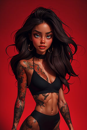 1girls with striking features: one with jet-black locks cascading down her back, and the other boasting a bold tattoo that snakes around her physique. Their lips are a deep, rich shade of black, almost like obsidian. Against a fiery red backdrop (1.5 times the size of their figures), they stand out in breathtaking detail, as if plucked from an Unreal realm and brought to life with unyielding realism.