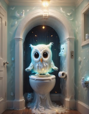 Digital image of an adorable ghost glowing inside, toilet, (owl:1.3), Halloween, high quality, masterpiece, 8k, super cute, (flying ghosts:1.1)