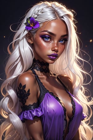 1girl, solo, long hair, looking at viewer, simple background, hair ornament, upper body, braid, flower, white hair, artist name, hair flower, dark skin, grey background, twin braids, dark-skinned female, makeup, lipstick, freckles, purple lips, blue lips