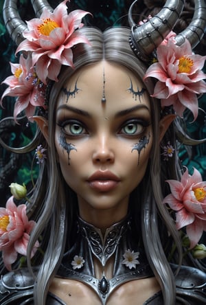 head and shoulders portrait of succubus with flowers aquatic motifs, by Giger, Tim Burton, Artgerm, hyperdetailed,Enhance