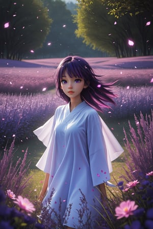 3D anime art, young woman on a hill covered in luminescent purple flowers, wind blowing through her hair, petals floating around, magical twilight setting, intricate details, glowing elements, vibrant and serene, high resolution