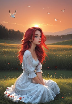 A young woman with long, flowing red hair sits on a grassy hill, bathed in the warm hues of a sunset. She wears a delicate white blouse and a floral skirt, her serene expression reflecting the tranquil scenery. The background features a stunning sunset over a calm sea, with birds flying across the vibrant sky. The flowers around her add to the natural beauty of the scene. Photorealistic, high detail, perfect anatomy, realistic lighting, intricate textures, natural colors