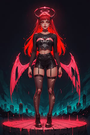 score_9. score_8_up, score_7_up, score_6_up, score_5_up, score_4_up, 1girl, red hair, curvy, gothic, g0th1cPXL, glowing, full body, city, neon, fishnets, cyberwings, (glitch:1.2), torn clothes, horns, halo, 