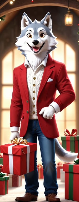 Ethereal fantasy concept art realistic-realistic-looking male wolf dressed in red and white color wool blazer, neckline sweater, tailored jeans, dress boots, holding (large Christmas gift) with text ("RED TEAM":1.2), looking at the gift, surprised-happy smile, Perfect hands, solo, Pointing pose, in hangar, (indoors), (full body), Dutch angle , Vanity light, intense shadows, depth of field, (SFW)    , magnificent, celestial, ethereal, picturesque, epic, majestic, magical, fantasy, cover art, dreamy