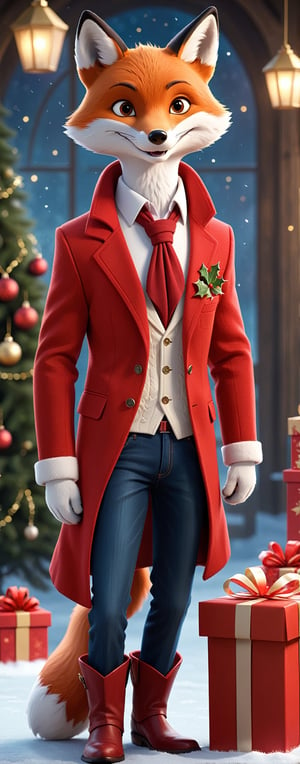 Ethereal fantasy concept art realistic-realistic-looking male fox dressed in red and white color wool blazer, neckline sweater, tailored jeans, dress boots, holding (large Christmas gift) with text ("RED TEAM":1.2), looking at the gift, surprised-happy smile, Perfect hands, solo, Pointing pose, in hangar, (indoors), (full body), Dutch angle , Vanity light, intense shadows, depth of field, (SFW)    , magnificent, celestial, ethereal, picturesque, epic, majestic, magical, fantasy, cover art, dreamy