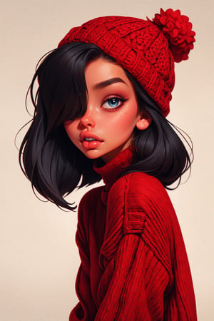 score_9, knva, halftone effect, 1girl, solo, red sweater, black bob hair, hair covering one eye, red knitted hat,