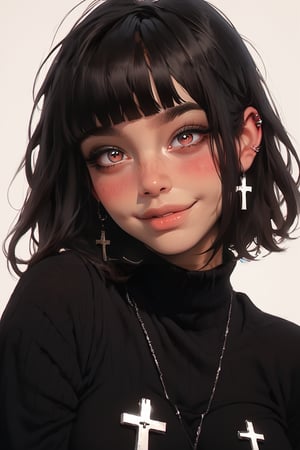 score_9, score_8_up, score_7_up, score_6_up, realistic, 1girl, cute perfect face, round face, blushing goth girl, (black hair with white stripe), bangs, tan skin, hazel eyes, (cross eyed), freckles, blush, pouty lips, smiling with a gap, tan skin, big breasts, perfect breasts,g0thicPXL