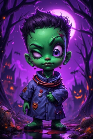 Sharp neo-pop art showcasing a spooky yet cute single-eyed slimy monster, inspired by Frankenstein, with greenish skin and stitched-up features. A whimsical, purple-colored psychedelic Halloween setting forms the backdrop, with an O-ring collar around its neck. The scene exudes autumnal energy, accented by faint sparkles under the glow of the moon at night. Created in 8k ultra-high-definition with a lifelike anime feel, the creature takes on an energetic, elongated stance. This style merges fall aesthetics, spooky season vibes, grunge, adorable elements, and playful kinkiness