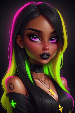 Goth girl, Goth girl 1girl 1girl,solo,long hair,looking at viewer,neon background,black hair,  long hair,multicolored hair,black eyes,grey background,necklace,(hair over one eye),two-tone hair,portrait,pandora,art style