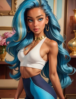 (Masterpiece:1.4), (Best Quality:1.2), , true damage qiyana, 1girl, galterneck, leggings, jewelry, one lock of hair, blue hair, multicolored hair, upper body