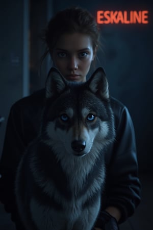 This is a minimalist movie scene with a majestic husky wolf in the foreground with piercing blue eyes. The black and white fur of the wolf contrasts with the dimly lit background. Place a frontal shot of a young woman behind the wolf, with as little detail as possible, but with strong and intense eyes. The background should be a simple blend of dark silhouettes and shadows, creating a sense of depth and mystery with clean lines and reduced detail. The copper neon nameplate in the upper right of the image reads "ESKALINE".32KUHD