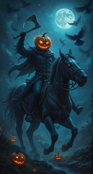 A headless horseman riding a dark, menacing horse. The rider has a pumpkin as a head, with a menacing grin carved into it, glowing orange eyes, and a fiery aura radiating from the carved sections. He holds a raised axe in his right hand, with a dark, jagged blade. The horse is muscular, black, and its eyes and mouth emit a glowing orange light, matching the rider's head. The horse is adorned with torn, eerie cloths and has two small glowing pumpkins attached to its side. The background is a misty night, with a blue glow from the moonlight and scattered dark clouds, creating an ominous, supernatural atmosphere. A group of crows fly in the sky, enhancing the eerie vibe.     anime_martz,   DB4RZ, DB4RZ style painting,