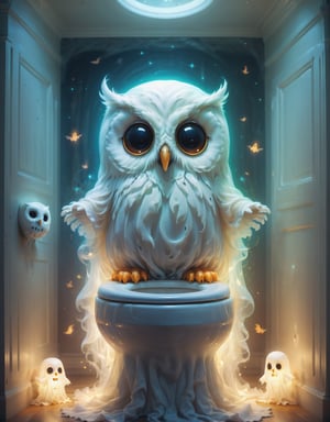 Digital image of an adorable ghost glowing inside, toilet, (owl:1.3), Halloween, high quality, masterpiece, 8k, super cute, (flying ghosts:1.1)