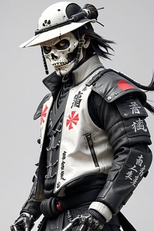 assassinkahb style, a black and white photo of an Cyborg Samurai assassin wearing a high collar motorcycle jacket with japanese writing on the back, fight stance, fists up, Split, solo, simple background, shoulders implementations of wires and nano Future Tech, Large sedge hat, 1boy, white background, jacket, monochrome, upper body, greyscale, male focus, long hair in wind, weapon, clothes writing, skull, skeleton, japanese flag, creating a Synthwave sunrise scene with bleaked dark colorful Neon and black details,score_9,Ninja,mecha