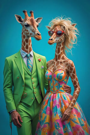 Pop art style photo. Two giraffes with human bodies, one dressed in an elegant, bright green suit, the other giraffe with woman's hair Long, blonde curls in , bouffant dress and he is wearing red sunglasses. Bright blue background. Studio light. Cannon