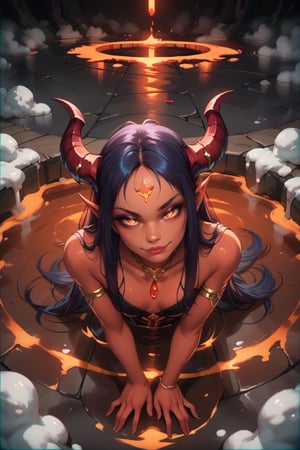 score_9, score_8_up, score_7_up, demon girl, looking at viewer, dark background, (submerged), floor, long hair, through floor, (glowing eyes:0.4), fog, ((hand on floor, lava, head tilt)), leaning, skinny, (glaring:0.5), naughty face, horns, halo, foam, jewelry, chromatic aberration,