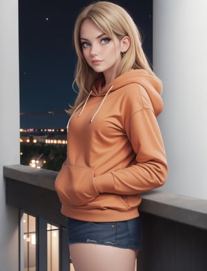 blonde girl, orange, black hoodie, dark short, on a balcony by night, 8K, high quality, photorealistic, realism, hyperrealism, art photography 