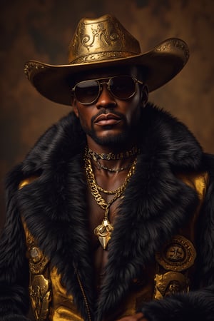 A magnificent pimpin hip-hop cowboy wearing a golden cowboy hat, black faux fur coat, Golden chains with the golden word, "BOKACHI" on the chain, Golden cowboy boots, super cool gold framed sunglasses, cinematic