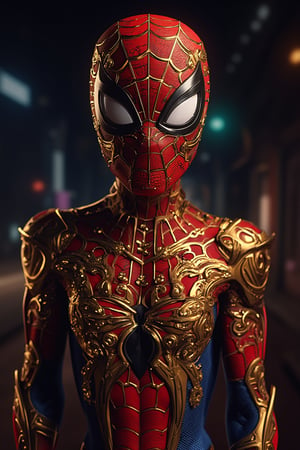 Spider-man with a intricate complex gold filigree armor, Photographic Portrait, 3d render, Highly detailed, Ultra-realistic, Medium Shot, Canon EOS 5D MARK IV, Cinematic Lighting