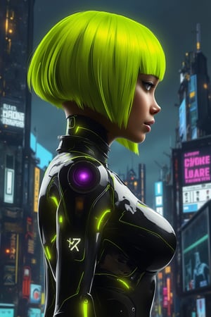 a powerful female cyber officer with cyber implants, neon yellow bob cut hair, highly dynamic side profile, futuristic sheer clothes, background of a futuristic dystopian Japanese metropolis, dark sky
