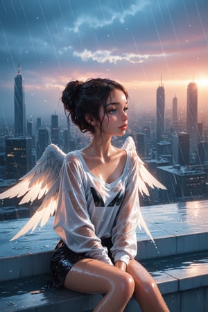 Angelic figure with white wings, sitting on a rooftop edge, neon-lit futuristic cityscape, hyperrealistic, intricate details, dramatic lighting, cyberpunk aesthetic, introspective, high contrast, soft light on wings, rain-soaked environment, realistic wet textures, water reflections, glistening surfaces, wet clothing, droplets on skin