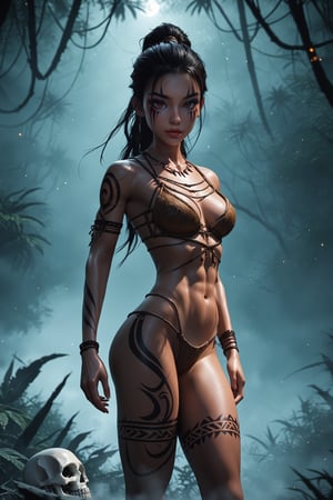 3D anime-style, Amazoness warrior with skeletal makeup, very tall and muscular, tribal tattoo, stunning beauty, high detail, dynamic composition, intricate textures, regal pose, dark surrounding, low light, nighttime setting, realistic shadows, ethereal, strong and graceful, wearing skeletal armor, jungle background, confident and majestic, ultra-quality, expressive eyes, detailed skeletal makeup, moonlight, thick fog, light particles shining from the moonlight