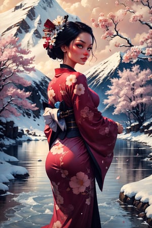 masterpiece, best quality,  , EPIrezumiWorld, tattoo, irezumi, cherry blossoms, 1girl, short hair, geisha, kimono, snow, mountain, river, forest