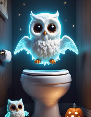 Digital image of an adorable ghost glowing inside, toilet, owl, Halloween, high quality, masterpiece, 8k, super cute, flying little ghosts 