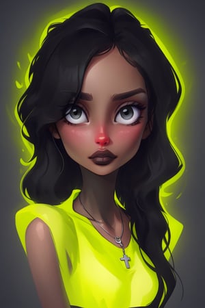 Goth girl, Goth girl 1girl 1girl,solo,long hair,looking at viewer,neon background,black hair,  long hair,multicolored hair,black eyes,grey background,necklace,(hair over one eye),two-tone hair,portrait,pandora,art style