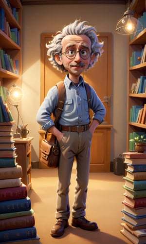 young Einstein, Pixar style, standing in the office, many books on the shelves, cozy atmosphere, soft warm light, detail, best quality