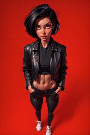 1girl, solo, looking at viewer, short hair, simple background, black hair, navel, jewelry, underwear, panties, jacket, earrings, midriff, pants, black eyes, lips, black jacket, from above, black pants, red background, realistic, hands in pockets, red panties, leather, leather jacket.