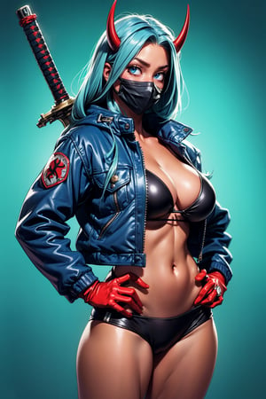 (realistic,best quality,8k,HDR:1.2),1girl, weapon, swimsuit, bikini, solo, mask, horns, jacket, highleg, hand in pocket, highleg bikini, breasts, sword, holding weapon, blue bikini, gloves, navel, gun, long hair, looking at viewer, holding, oni horns, blue eyes, katana, blue hair, huge breasts, blue jacket, open jacket, open clothes, red gloves, mouth mask, hair between eyes, holding sword, oni, bandolier, holding gun,ninjascroll,futureaodai