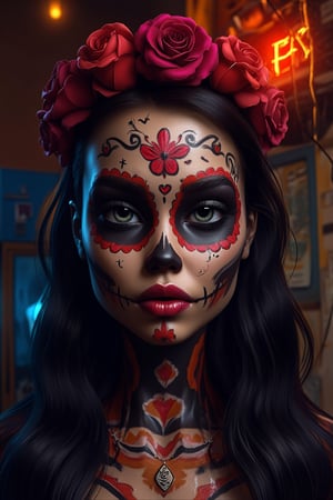 A photorealistic image of a Latina woman with vibrant Halloween sugar skull makeup. The makeup artist has created dark eyes with classic sugar skull patterns. The look is finished off with red lips and a floral headband. The red lips and flowers are what glam this makeup up. With this, you get the best of both worlds because it is creepy but quite beautiful too. The artist's name is clearly engraved on a neon-lit brass plaque in the upper right of the picture, which reads "ES".32KUHD