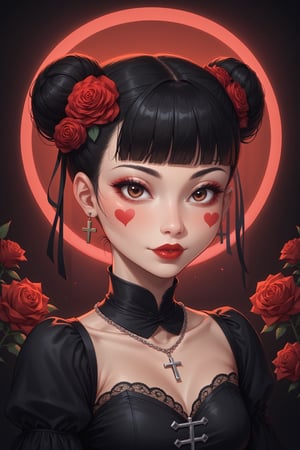 dal-1, 1girl, solo, looking at viewer, short hair, black hair, hair ornament, dress, closed mouth, jewelry, twintails, brown eyes, upper body, flower, heart, frills, parted lips, blunt bangs, hair flower, necklace, hair bun, black dress, eyelashes, clothing cutout, tattoo, double bun, makeup, border, rose, facial mark, portrait, cross, red flower, neon background, lace, red rose, red lips, neon theme, heart tattoo, heart facial mark
,CONCEPT_irezumi_YakuzaTattoo_ownwaifu,score_9,disney pixar style, score_8_up