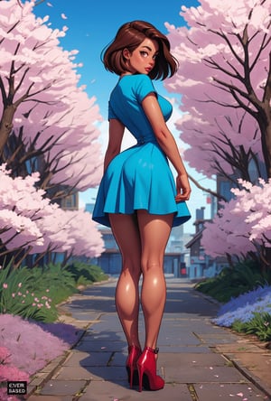 (comic cover:1.5),masterpiece, best quality, 1girl,young girl, plum_pie eyes, brown, choppy bob,envious _face,shiny skin,medium breasts,nice leg line:1.3,thick thighs, thin waist,wearing a blue edgEV_vintage dress,red color high heels, pathway_lined_with_blooming_cherry_blossom_trees,((looking at viewer:1.5)),from behind:1.3,full body ,  , ,