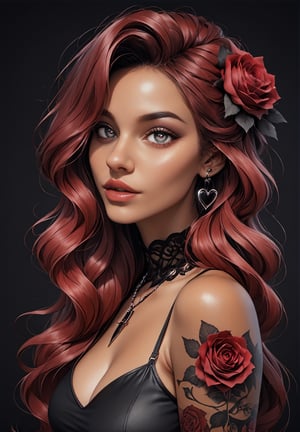 gothic, 1girl, roses, tattoo, surrounded by many black heart clouds, romantic, dark sky (best quality), (masterpiece), (best lighting), (high detailed skin:1.0),( detailed eyes), 8k uhd, dslr, soft lighting, best quality, film grain, Fujifilm XT3,