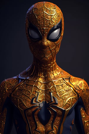 Spider-man with a intricate complex gold filigree armor, Photographic Portrait, 3d render, Highly detailed, Ultra-realistic, Medium Shot, Canon EOS 5D MARK IV, Cinematic Lighting