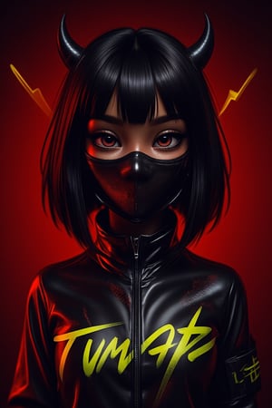 A Japanese girl in a futuristic mask, in the style of cyberpunk, with black hair and bangs, dressed as an evil demon, photorealistic style, wearing a dark metal jacket with neon yellow lettering on it, full body shot, against a dark red background, high resolution, hyper-realistic, super detailed.