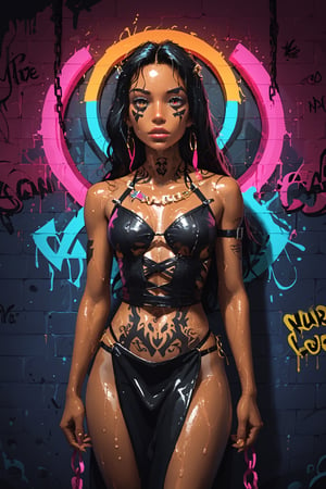 (masterpiece), best quality, ultra high res, ((very close up face portrait)), skinny girl, long black hair, (((graffiti wall background))), colorful lights, photon mapping, radiosity, physically-based rendering, cinematic lighting, intricate, High Detail, Sharp focus, dramatic, photorealistic, detailed eyes, more art, ((wet skin)), more slim, more tan, black ink swag tattoos, oil paint splash style, (bandit style), cyberpunk accessories, metal accessories, big lips, more wet, more accessories, more long hair, more tattoos,  golden chains, straps, more brilliants, (more piercing), ((((patches on clothes)))), (((colorful calligraphy ribbons and bows in cloth and in hair))), ((europian tan skin)),(((swag style))), (((fisheye:1))), (((cinematic light))), , ((more swag tattoos on skin)), , (((more little girl))), back pose,, (amazing gigant long hair:1.4), 