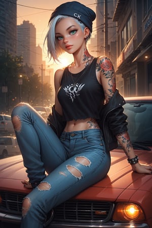 Score_9, score_8_up, score_7_up, score_6_up, score_5_up, score_4_up, highly detailed,   runa, green eyes, white hair, short hair, 1girl, undercut,   1girl, woman, long blue hair, blue eyes, beanie hat, tattoos, ripped jeans, bracelets, casual outfit, grunge style, sitting on car, urban setting, sunset, detailed background, relaxed pose, street fashion, jewelry, modern, casual fashion, denim, warm lighting, relaxed atmosphere, detailed tattoos, outdoor setting, urban background, chill pose    , Expressiveh