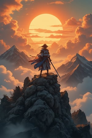 A lone anime samurai stands atop a misty mountain peak, sword at the ready, as the warm orange glow of sunrise casts long shadows across the rugged landscape. The warrior's kimono flows in the gentle morning breeze, while his piercing blue eyes seem to pierce the very clouds.