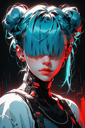 score_9, score_8_up, score_7_up,  xenotr1p, selective red color, monochrome, colored, 1girl, solo, portrait, cyberpunk white cyborg, hair covering eyes, twin bun hair, blue hair,  ,trending on dribbble, ad, aesthetics, aesthetic, pv,selective <color> color