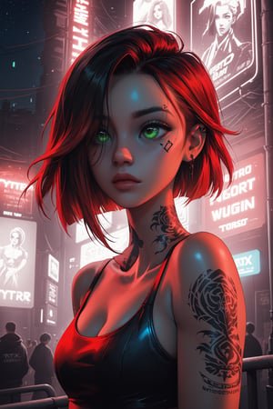 (masterpiece, best quality:1.2), highres, RTX, glowing, monochrome, 1gor, movie poster, black hair, red hair, hair over one eye, bright green eyes, tattoo, piercing, neon lights, cyberpunk, jewelry, night, closed mouth, looking away,