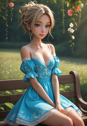 masterpiece, best quality, absurdres, digital art, 3d render, 3d graphics,   akaneh, short hair, blue eyes, blonde hair,
A picturesque image showcases a young woman in a beautifully intricate white lace dress adorned with colorful floral embroidery. The dress features bell sleeves and a lace-up neckline, adding to its bohemian charm. She sits gracefully on a wooden bench in a serene outdoor setting, surrounded by lush greenery and softly lit by the golden light of the setting sun. Her hair is styled with flowers, complementing the natural, romantic atmosphere. The overall scene exudes a sense of peace, beauty, and connection with nature