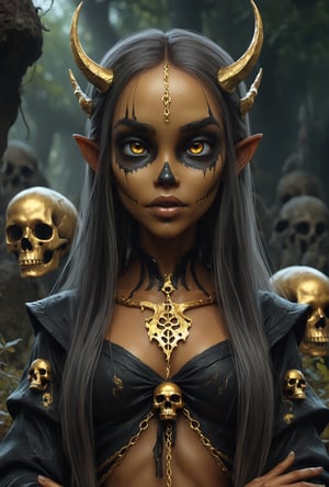 cute, gorgeous necromancer female Aerenal Elf, gold and black robes, skull painted onto her face, face paint, skull face paint, graveyard, perfect anatomy, approaching perfection, dynamic, highly detailed, smooth, sharp focus, art by Carne Griffiths and Wadim Kashin, trending on artstation, sharp focus, intricate details, highly detailed, by greg rutkowski, mysterious, epic, cinematic, digital art, 4k,  ,st4t1ctv