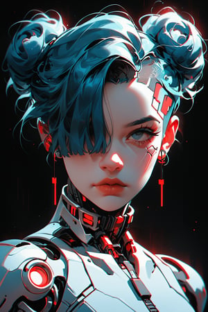 score_9, score_8_up, score_7_up,  xenotr1p, selective red color, monochrome, colored, 1girl, solo, portrait, cyberpunk white cyborg, hair covering eyes, twin bun hair, blue hair,  ,trending on dribbble, ad, aesthetics, aesthetic, pv,selective <color> color