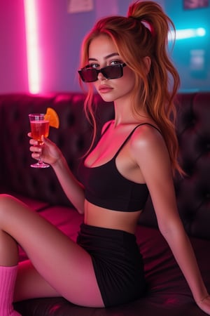  portrait of girl sitting in nightclub holding cocktail, nightclub, big hips, neon light, microskirt, black skirt, pink legwear, no top, tank shirt, crop top, navel, piercing, makeup, eyeliner, pink lips, ginger hair, long hair, ponytail, orange eyes, sunglasses, relaxing, serious, looking to the viewer, eye contact, medium breasts, (pointy breasts:0.8),    ,  c0l0urgl0w, glowing,      retrowave,